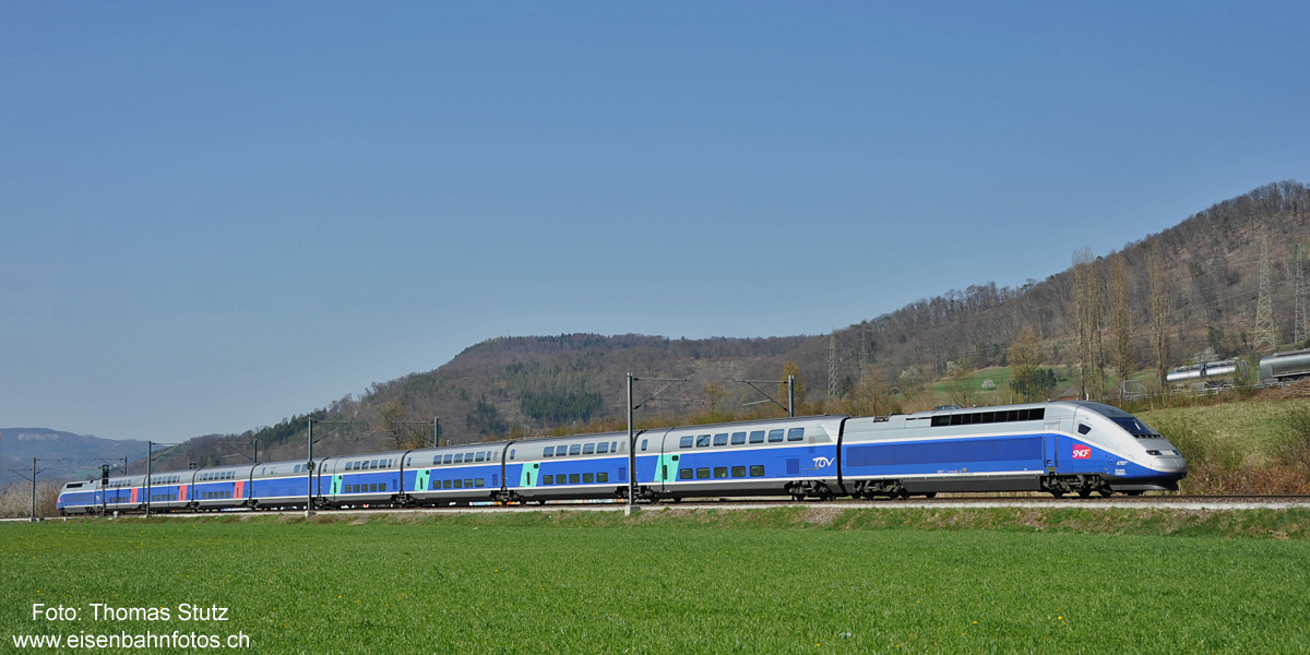 TGV 2N2
Der leicht verspätete TGV Paris - Zürich ist zwischen Lausen und Sissach auf dem rechten Gleis unterwegs, um die vorausfahrende S3 (FLIRT France) zu überholen.
