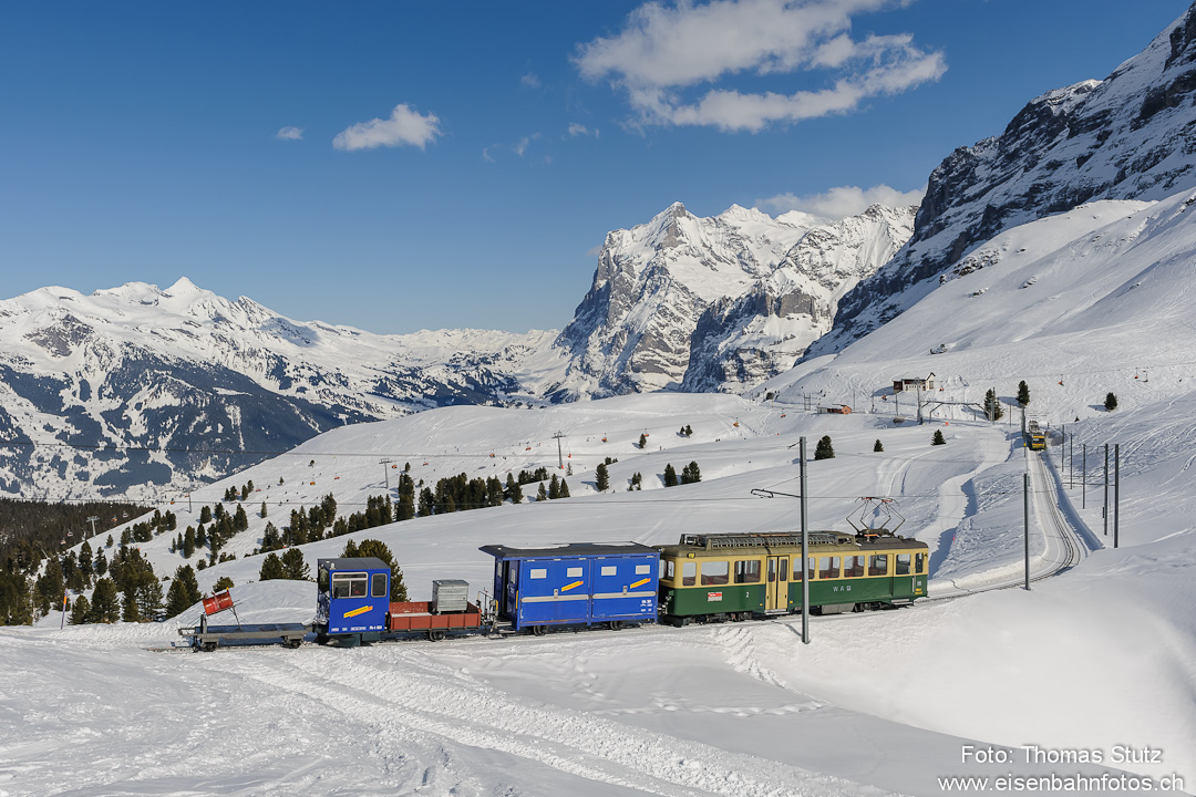 alter Triebwagen mit Güterzug
