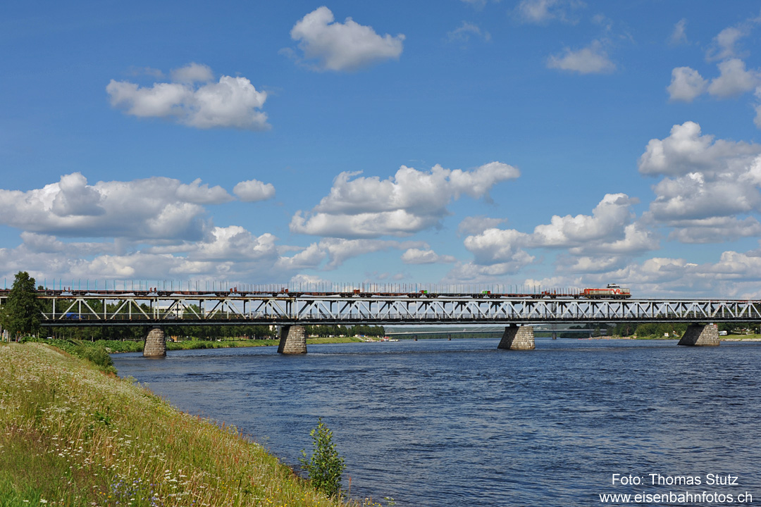 Zug mit leeren Holzwagen
