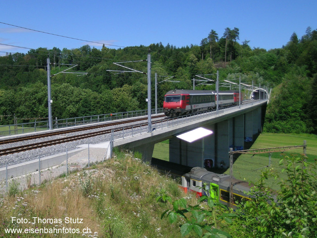 2 Züge bei der Murgbrücke
Während der kurze EW4-Pendel die Murgbrücke überquert, fährt gleichzeitig der mit EW3-Pendel geführte Schnellzug Genève - Zürich unter der Brücke durch.
