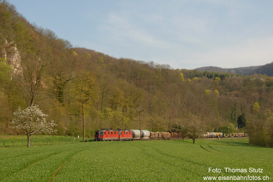 Güterzug im Laufental
Nach 17 Uhr fahren in weniger als einer Stunde die beiden Güterzüge aus dem Jura Richtung Basel RB. Eine der wenigen Stellen, wo sie ohne Gegenlicht fotografiert werden können, befindet sich zwischen Grellingen und Duggingen.

