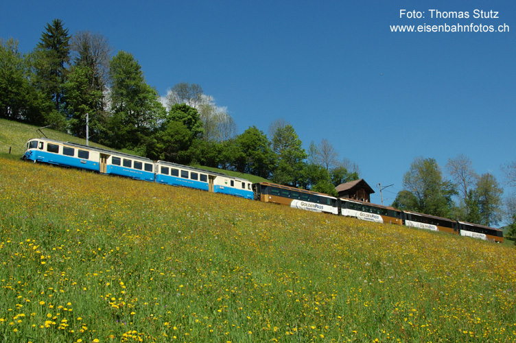 ABDe 8/8 mit Panoramawagen
Neben den beiden "Goldenpass Panoramic"-Kompositionen mit VIP-Plätzen ist eine weitere Komposition mit Panoramawagen unterwegs, gezogen von einem ABDe 8/8.

