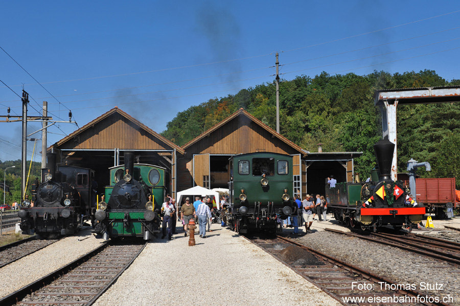 viele Dampfloks vor dem Depot

