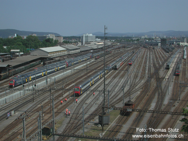 Basel GB in der Übersicht
Aufgrund der vielen DPZ könnte man meinen, dieses Fotos stamme aus der Region Zürich. In Wirklichkeit ist es aber Basel GB mit dem Lokdepot (und dem Stellwerk IV) im Hintergrund rechts. Zwischen den DPZ befinden sich 2 Durchfahrgleise der Verbindung Basel PB - Basel GB - (Haltestelle St. Jakob -) Basel RB. Hier fahren auch die Züge der S3 Basel - Olten mit Abfahrt in Basel xx.03 durch. Die Aufnahme ist auf dem Dach des OBZ Basel entstanden.
