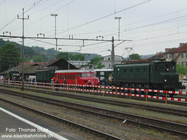 "Historischer" Überblick
Kleiner Überblick über eine Hälfte der Ausstellung. Von links nach rechts: Ce 6/8 III 14305, De 4/4 1679, RAe 2/4 1001, Bm 4/4 II 18451 (im Hintergrund) und Ae 4/7 10905.

