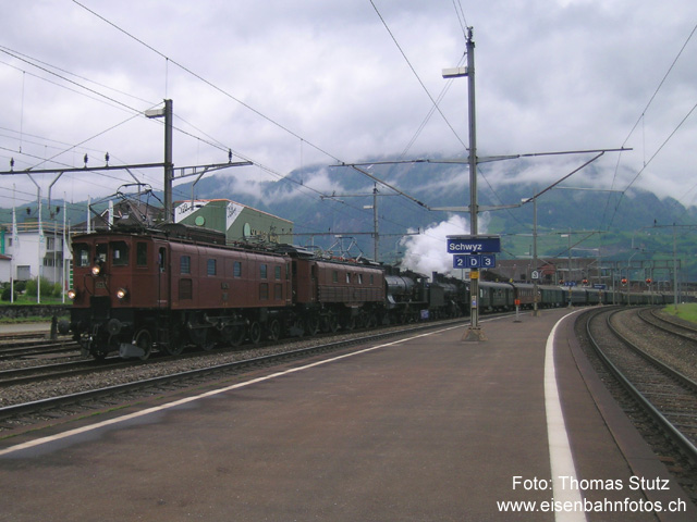 Langer Extrazug
Nochmals der Extrazug mit seinen 4 Loks und 10 Wagen.
